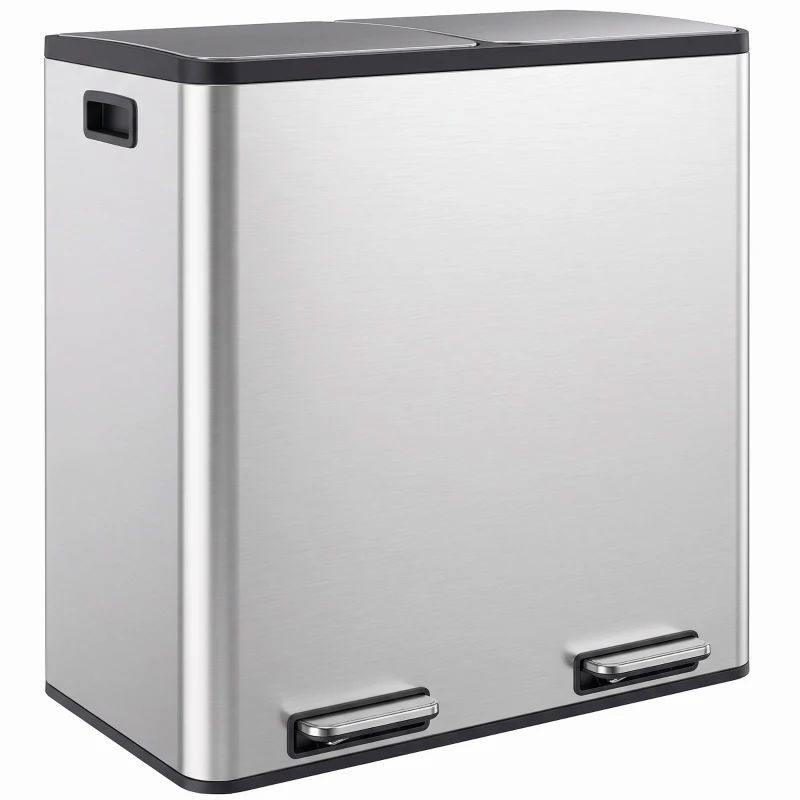 HOMCOM Poubelle à Double Compartiment 2 x 30 L, Poubelle de Cuisine à Pédale en Acier Inoxydable, Argenté
