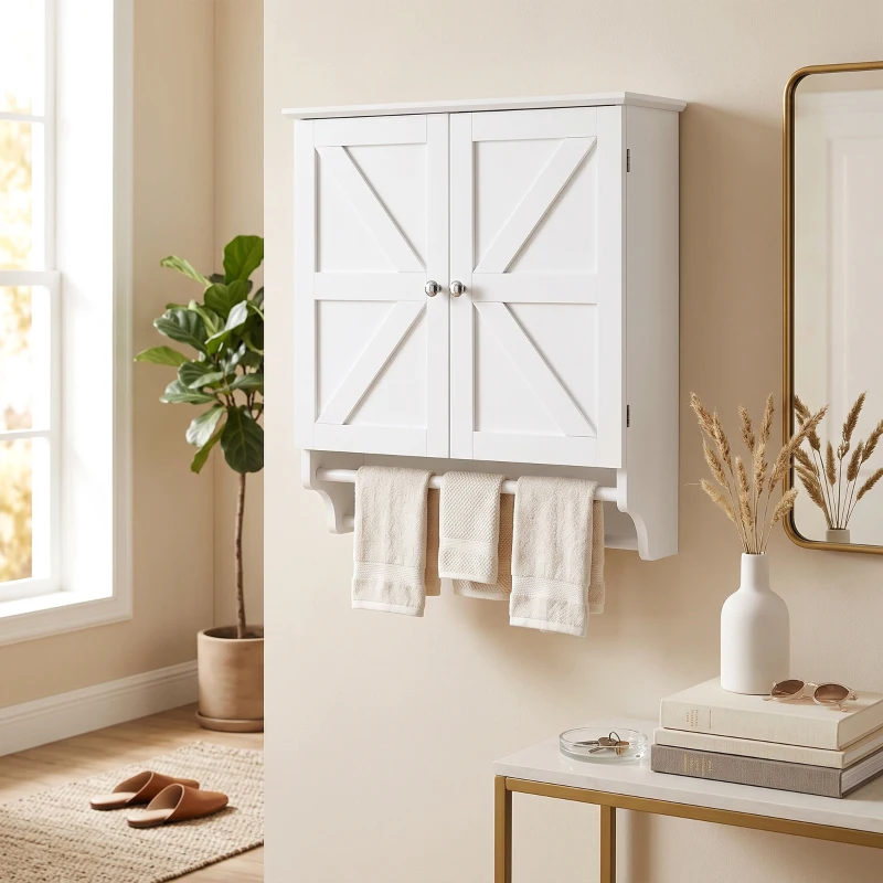HOMCOM Armário de Parede para Banheiro Poupa-Espaço com 2 Portas e Porta-Toalhas Branco