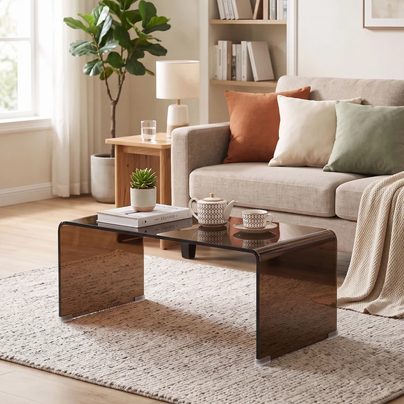 HOMCOM Masă de cafea din sticlă, masă de living dreptunghiulară cu design modern cu margini rotunjite sigure, maro transparent