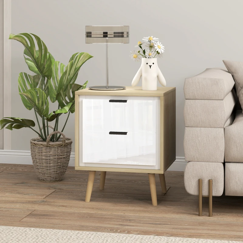 HOMCOM Table de chevet étroite, table d'appoint 2 tiroirs silencieux et pieds en bois massif, 40 x 35 x 50 cm, blanc brillant