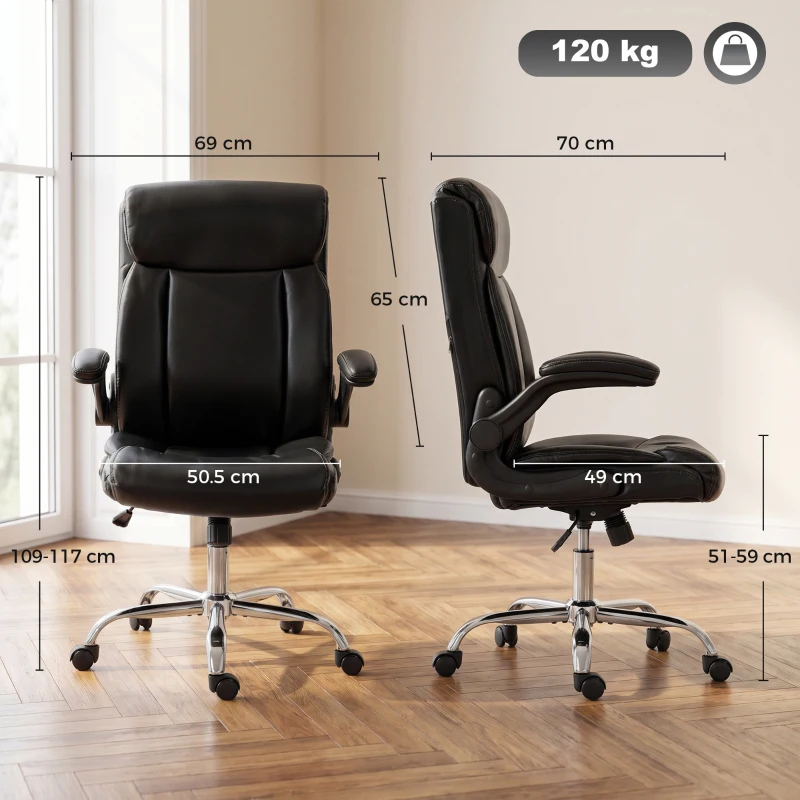 HOMCOM Scaun de birou ergonomic cu brațe rabatabile, scaun din PU, înălțime reglabilă, funcție de balans, negru