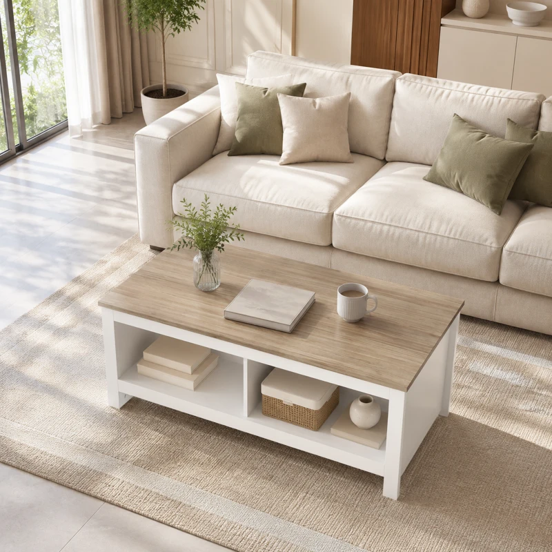 HOMCOM Masă de cafea dreptunghiulară, masă de salon modernă cu 4 compartimente deschise, 110 x 55 x 45,5 cm, stejar și alb