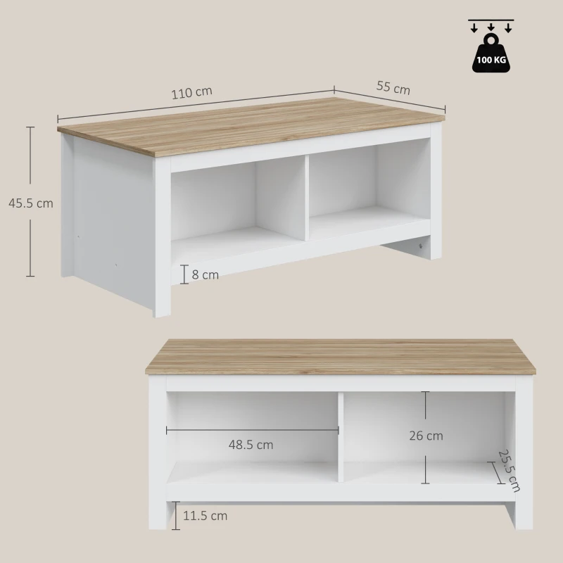 HOMCOM Masă de cafea dreptunghiulară, masă de salon modernă cu 4 compartimente deschise, 110 x 55 x 45,5 cm, stejar și alb