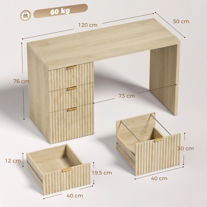 HOMCOM Escritorio para Ordenador, Almacenamiento Reversible, 3 Cajones Frentes Ondulados, Tablero Grueso y Espacioso, 120x50x76cm, Roble