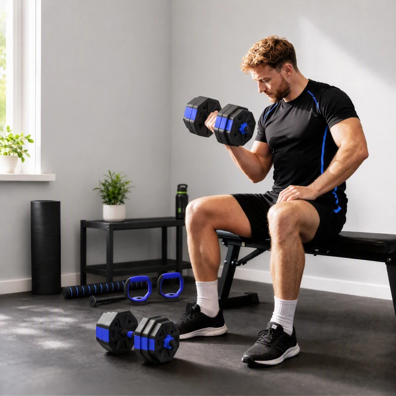 SPORTNOW Ensemble d'haltères musculation 6-en-1 haltère réglable 25 kg kettlebell, barre de musculation support pour pompes bleu