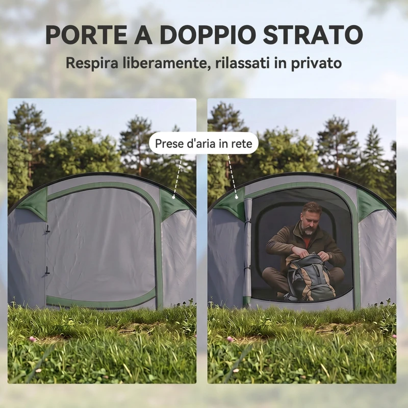 Outsunny Tenda da Campeggio Pop Up 3 Posti con 2 Porte, 4 Finestre e Telo Resistente all'acqua, 263.5x220x123 cm, Verde Scuro