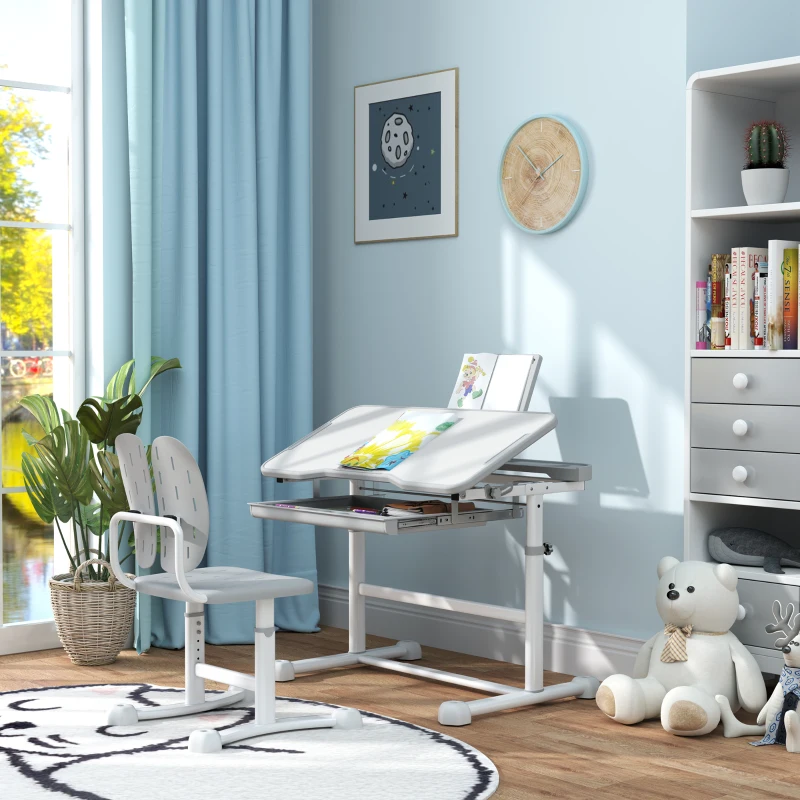 AIYAPLAY Bureau enfant avec chaise réglable en hauteur, plateau incliné 45°, tiroir et support de livre, gris