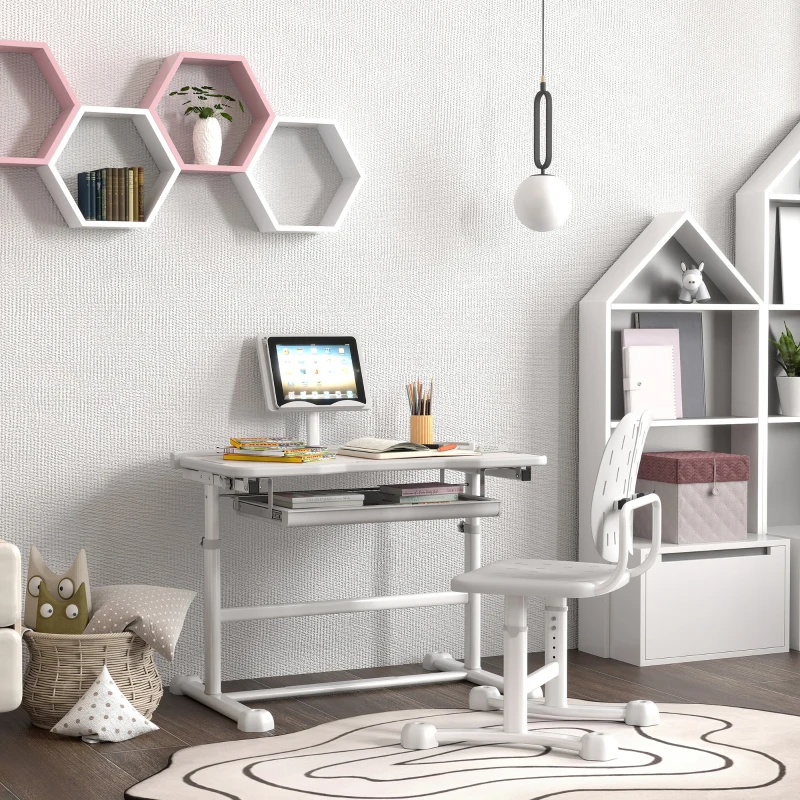 AIYAPLAY Bureau enfant avec chaise réglable en hauteur, plateau incliné 45°, tiroir et support de livre, gris