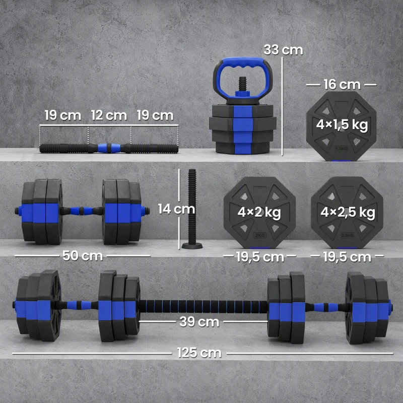 SPORTNOW Ensemble d'haltères musculation 6-en-1 haltère réglable 25 kg kettlebell, barre de musculation support pour pompes bleu