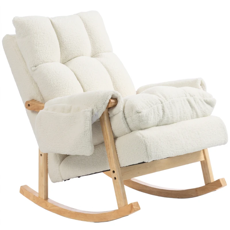 HOMCOM Fauteuil à bascule avec poches latérales, revêtement Snow-flannel et pieds en bois d'hévéa, blanc crème