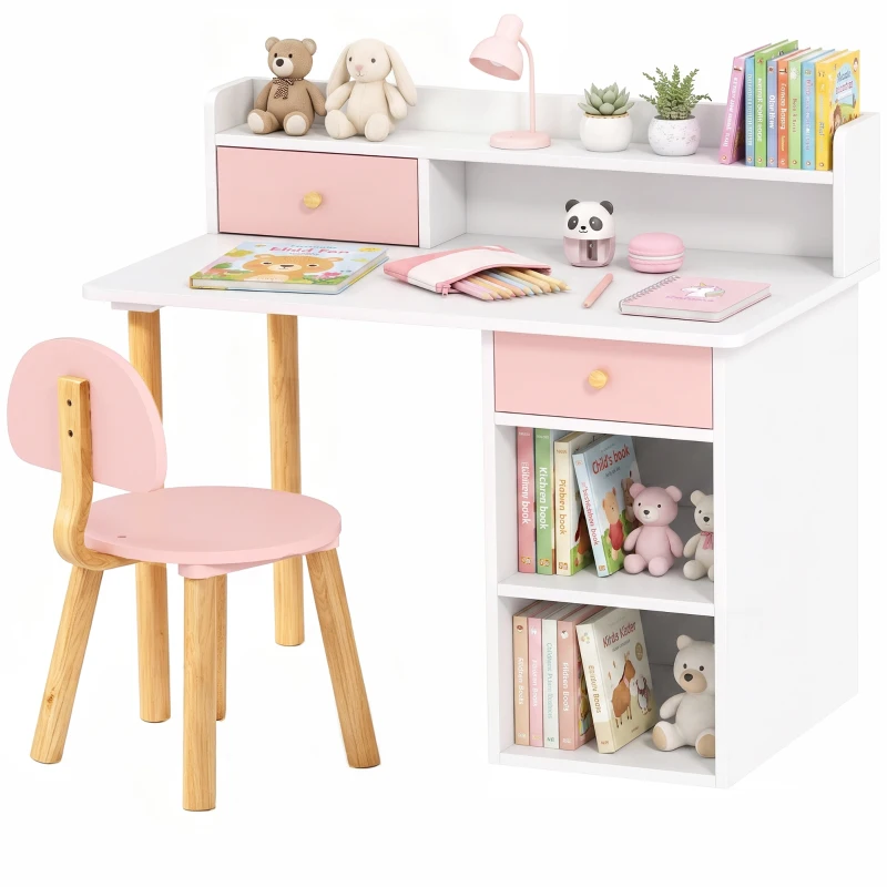 AIYAPLAY Schreibtisch- und Stuhlset für Kinder mit 2 Schubladen und Ablagen aus Holz, für Kinderzimmer, Arbeitszimmer, Kindergarten, Rosa