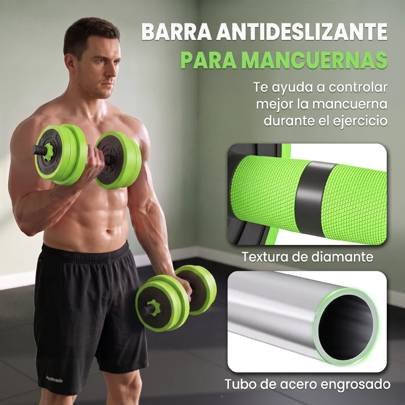 SPORTNOW Kit de Gimnasio 6 en 1 con Barra de Pesas Mancuernas Kettlebell para Entrenamiento de Fuerza en Casa Color Verde y Negro