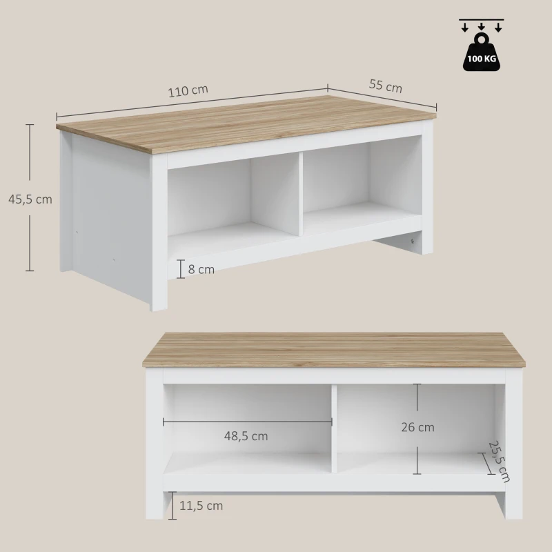 HOMCOM Mesa de Centro Retangular Mesa de Sala Moderna com 4 Compartimentos Abertos 110x55x45,5 cm Carvalho e Branco