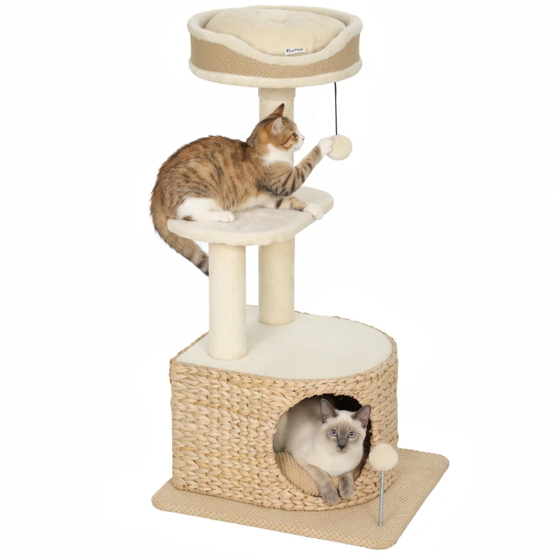 PawHut Kratzbaum Modernes Design Geflochtenes Styling mit Kratzstamm 4 Ebenen Schilf‑Nische Jute‑Liege 87 cm Beige