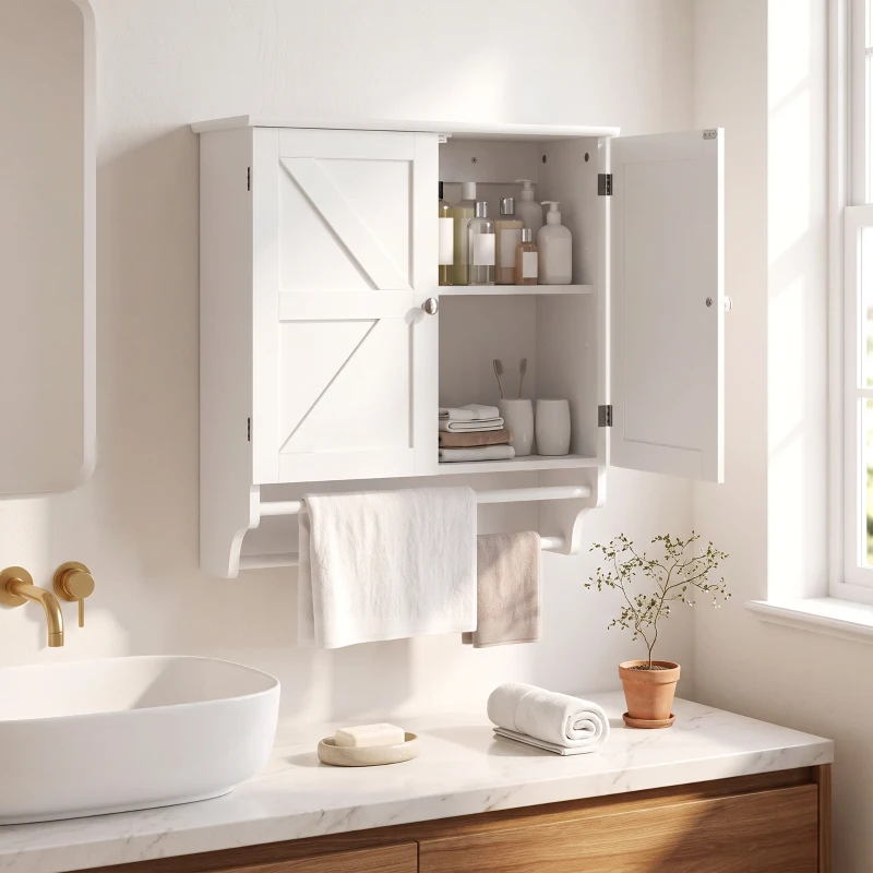 HOMCOM Armário de Parede para Banheiro Poupa-Espaço com 2 Portas e Porta-Toalhas Branco