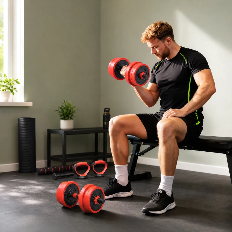 SPORTNOW Set Pesi da Palestra 4 in 1 da 20kg, Convertibile in Kettlebell, 2 Manubri, Bilanciere e Supporto Flessioni, Rosso