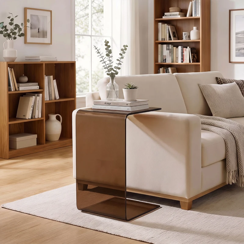 HOMCOM Masă de cafea din sticlă, masă de living dreptunghiulară cu design modern cu margini rotunjite sigure, maro transparent