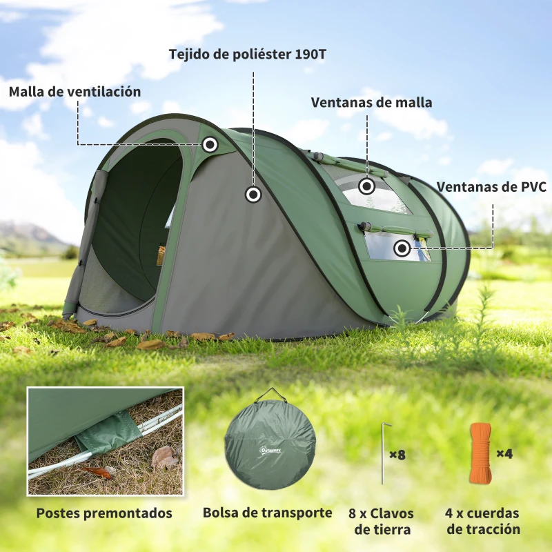 Outsunny Tienda de Camping Pop-up con Ventanas Bolsillos y Bolsa de Transporte Impermeable Anti-UV 263,5x220x123 cm Verde y Gris