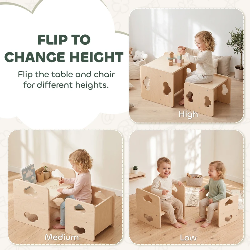 AIYAPLAY Montessori Inspired Toddler Table and Chair Set with 3-Level Heights, Weaning Baby Tables Chair Set for 18-36 M, Natural