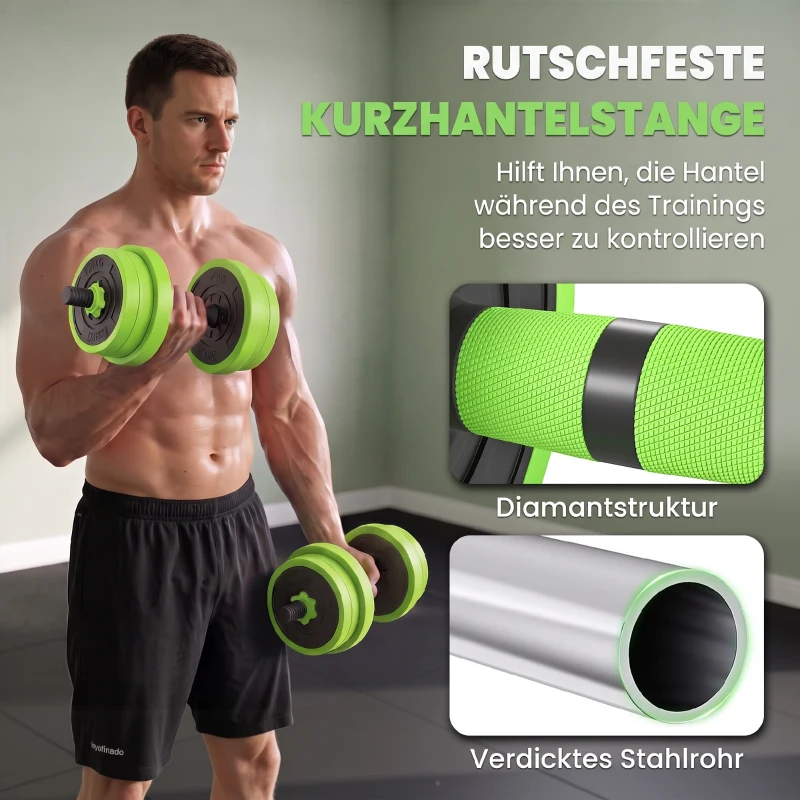 SPORTNOW 4 in 1 Hanteln Set 20 kg verstellbare Kurzhantel & Langhantel Kettlebell Liegestützgriffe Grün