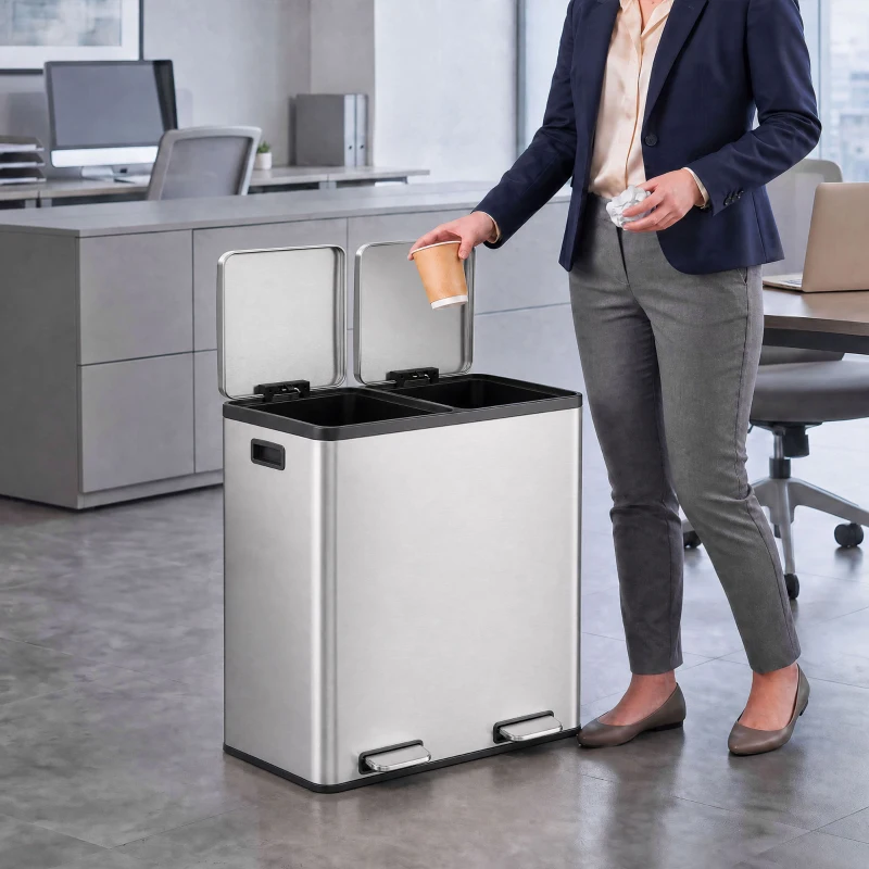 HOMCOM Poubelle à Double Compartiment 2 x 30 L, Poubelle de Cuisine à Pédale en Acier Inoxydable, Argenté