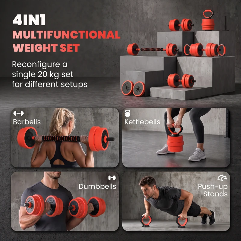 SPORTNOW 20kg 6-In-One Adjustable Weight Dumbbells Set, Barbell, Kettlebell, Push Up Stand - Red