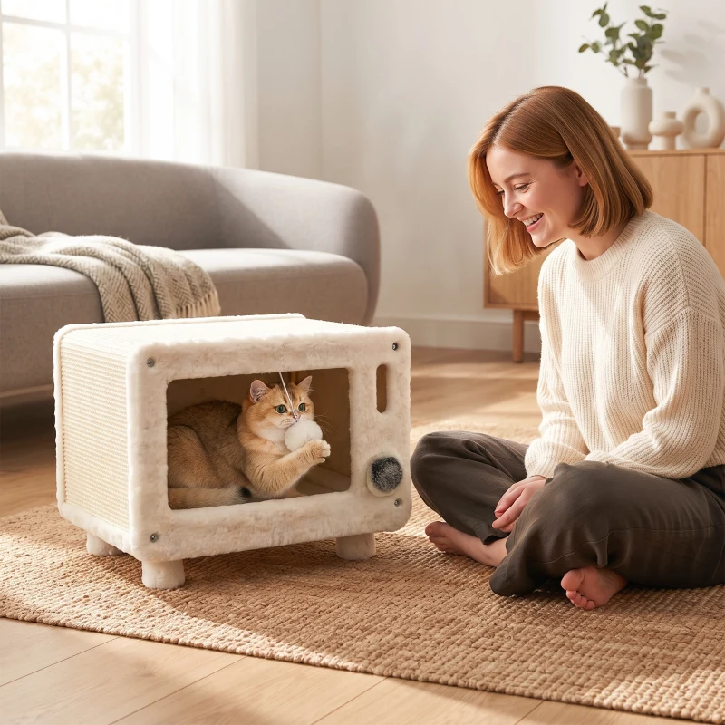 PawHut Casa para gatos con diseño de televisor, cueva con hamaca y pelota de juego, alfombra rascadora de sisal, para gatos hasta 7 kg 50 x 33 x 42 cm