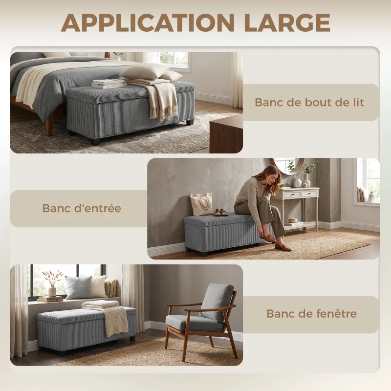 HOMCOM Banc de rangement bout de lit en velours côtelé avec couvercle, pour salon, chambre, entrée, 112 x 42 x 40 cm, gris