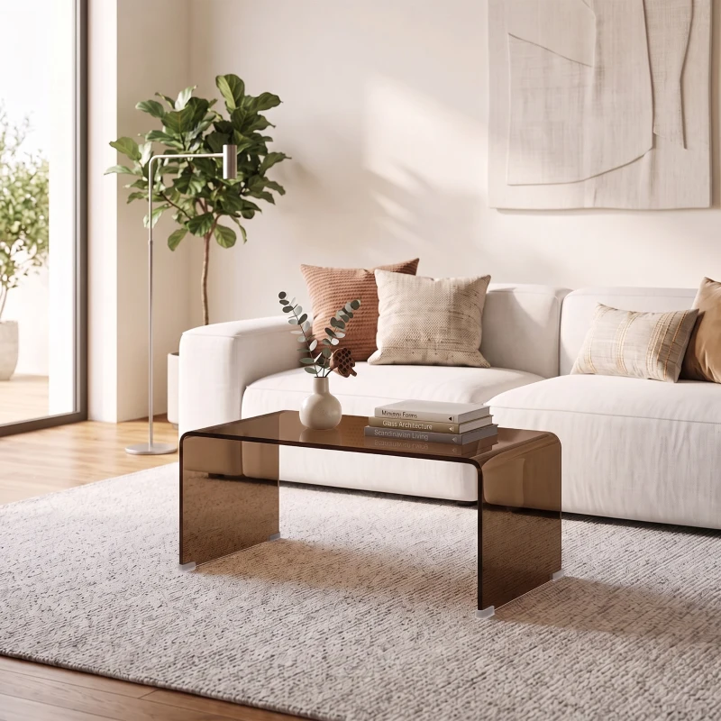 HOMCOM Mesa de Centro em Vidro Mesa de Sala Retangular Design Moderno com Bordas Arredondadas Seguras Castanho e Transparente