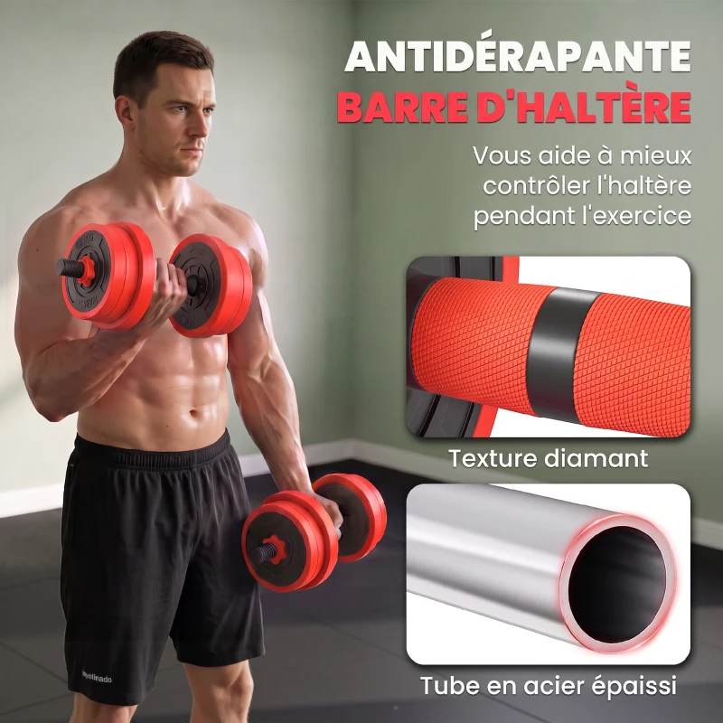SPORTNOW Kit haltères musculation, haltères réglables 4 en 1, 20 kg, avec disques et barres, équipement de gym à domicile, rouge