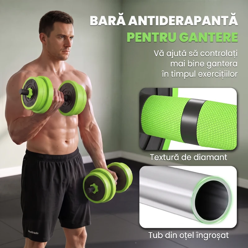 SPORTNOW Set de Greutăți 4 în 1 de 20 kg, convertibil în kettlebell, 2 gantere, bară și suport pentru flotări, verde