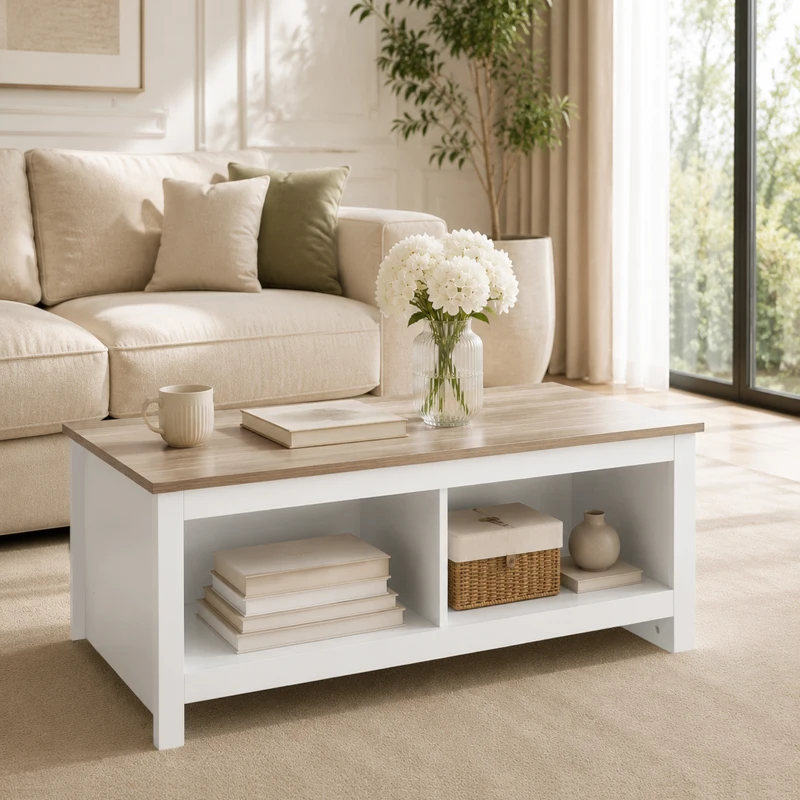 HOMCOM Mesa de Centro Retangular Mesa de Sala Moderna com 4 Compartimentos Abertos 110x55x45,5 cm Carvalho e Branco