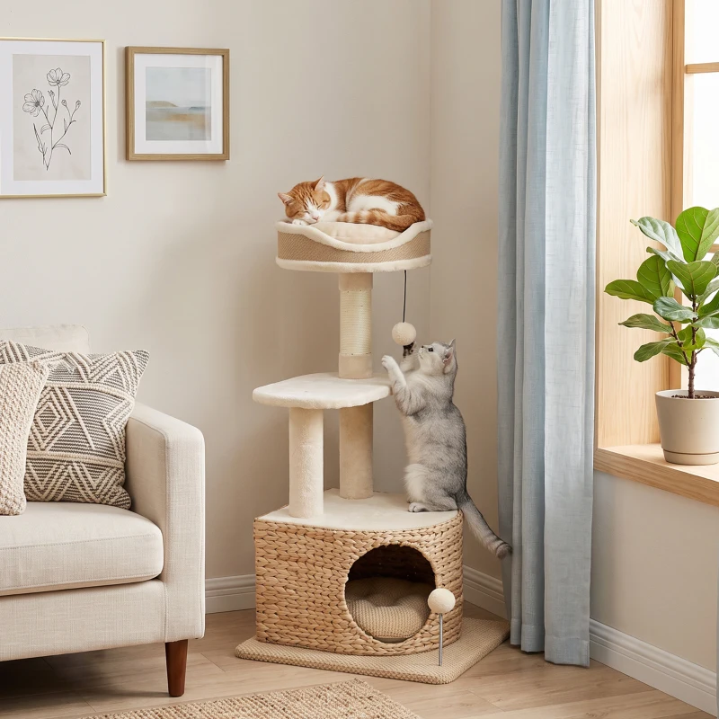 PawHut Kratzbaum Modernes Design Geflochtenes Styling mit Kratzstamm 4 Ebenen Schilf‑Nische Jute‑Liege 87 cm Beige