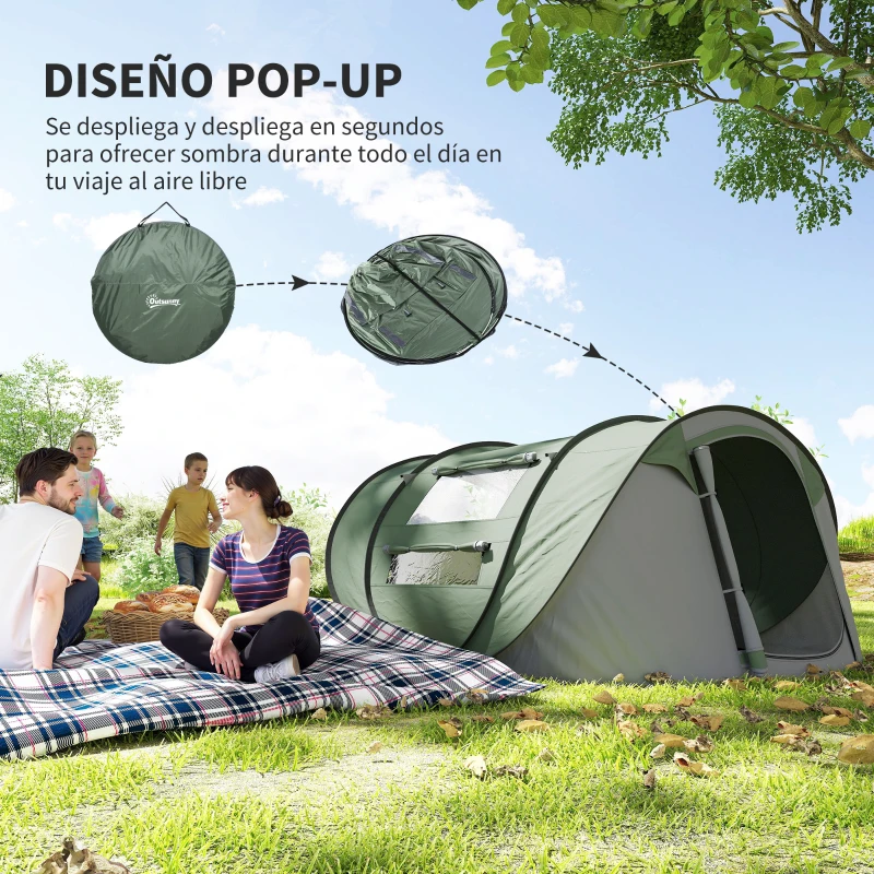Outsunny Tienda de Camping Pop-up con Ventanas Bolsillos y Bolsa de Transporte Impermeable Anti-UV 263,5x220x123 cm Verde y Gris