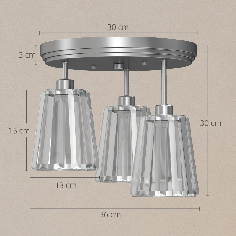 HOMCOM Plafonnier LED Plafond en Verre Cristal avec 3 Lampes, Douilles E27, Sans Ampoule, pour Salon, Argent