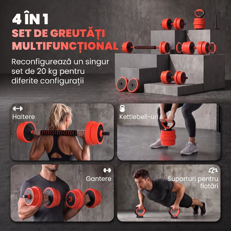 SPORTNOW Set Greutăți 4 în 1 de 20kg, Convertibil în Kettlebell, 2 Gantere, Bară și Suport pentru Flotări, Roșu