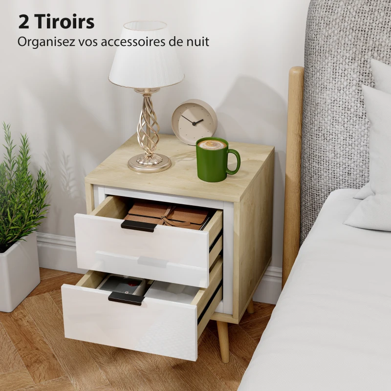 HOMCOM Table de chevet étroite, table d'appoint 2 tiroirs silencieux et pieds en bois massif, 40 x 35 x 50 cm, blanc brillant