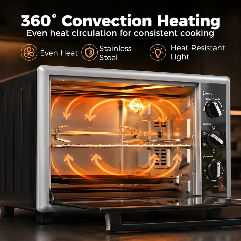 HOMCOM Mini-Four Électrique avec Broche Rotative 32L 1500W, Four à Convection Multifonction, Chaleur Tournante, Minuterie, Noir