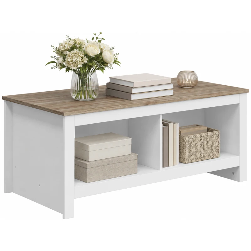 HOMCOM Masă de cafea dreptunghiulară, masă de salon modernă cu 4 compartimente deschise, 110 x 55 x 45,5 cm, stejar și alb