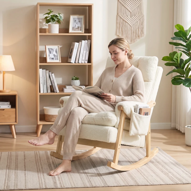 HOMCOM Fauteuil à bascule avec poches latérales, revêtement Snow-flannel et pieds en bois d'hévéa, blanc crème