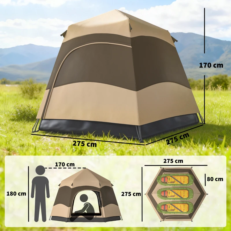 Outsunny 3 Man Instant Pop Up Tent with Rainfly, Portable Camping Shelter with Sewn-in Groundsheet, Carry Bag, Brown