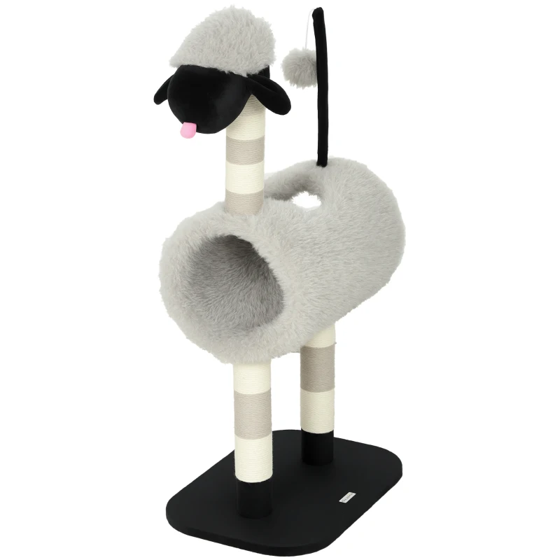 PawHut Árbol para gatos diseño de oveja, con postes rascadores, túnel y juguete, 98 cm, Gris claro