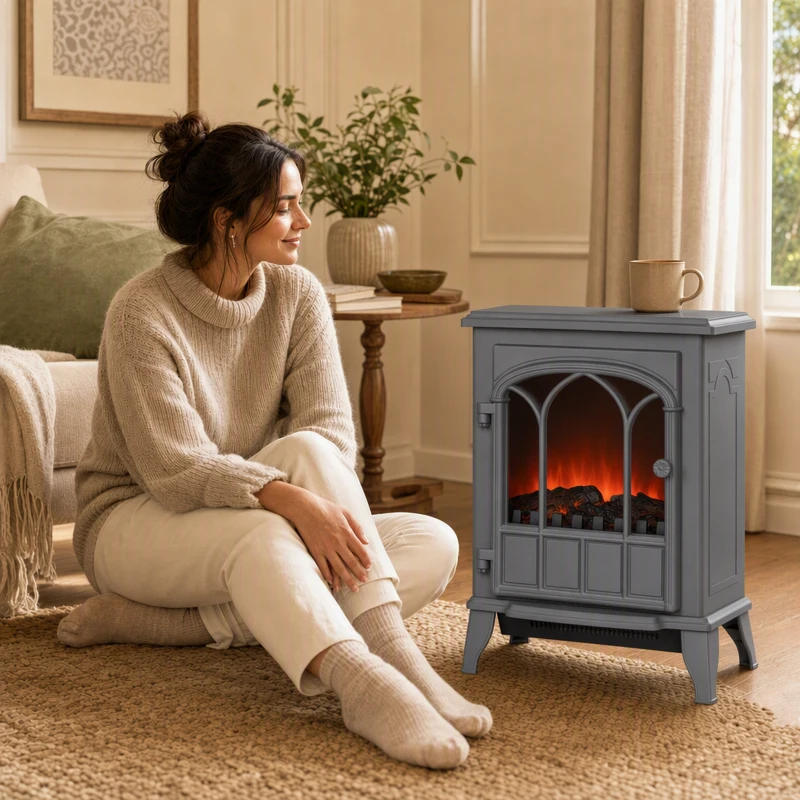 HOMCOM Freestanding Electric Fireplace, Electric Log Burner with LED Flame Effect, Overheating Safety System, 1000W/2000W Grey