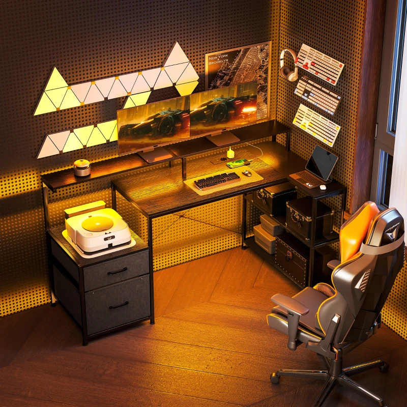 HOMCOM Bureau Gaming d'Angle 165 x 80 cm, Éclairage LED et Station de Charge, Support pour 2 Écrans et 2 Tiroirs en Tissu, Noir