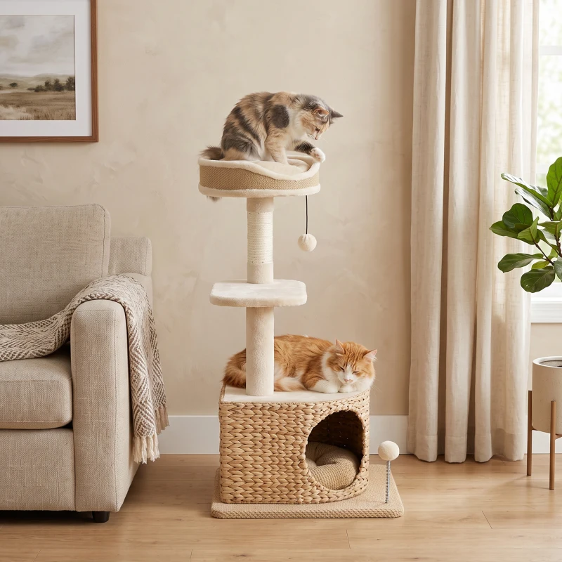 PawHut Árbol para Gatos Diseño Moderno Estilo Trenzado con Rascador 4 Niveles Caseta de Junco Percha en Yute 87 cm Beige