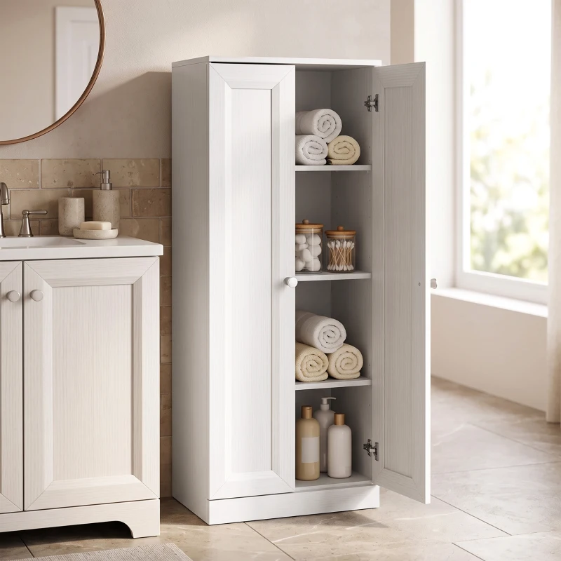 HOMCOM Móvel de Casa de Banho Estreito Móvel de Armazenamento de Pé com 2 Portas e 3 Prateleiras para Sala Quarto Branco
