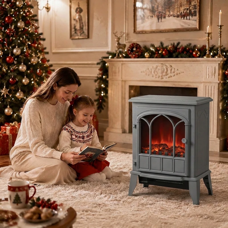 HOMCOM Freestanding Electric Fireplace, Electric Log Burner with LED Flame Effect, Overheating Safety System, 1000W/2000W Grey