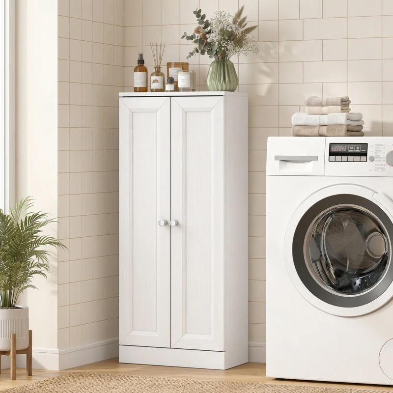 HOMCOM Móvel de Casa de Banho Estreito Móvel de Armazenamento de Pé com 2 Portas e 3 Prateleiras para Sala Quarto Branco