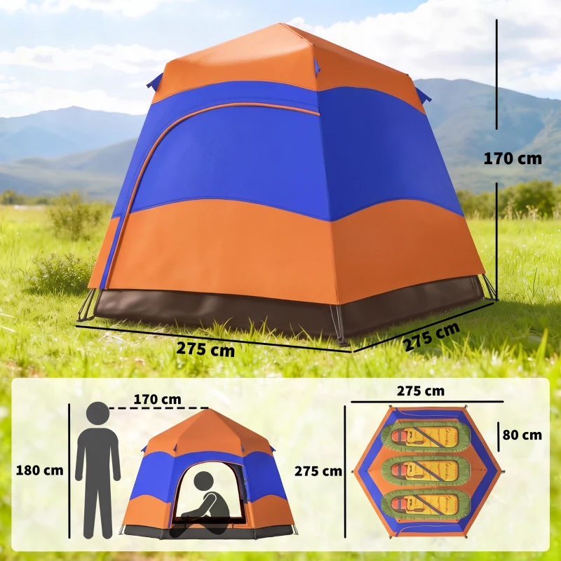 Outsunny 3 Man Instant Pop Up Tent with Rainfly, Portable Camping Shelter with Sewn-in Groundsheet, Carry Bag, Orange