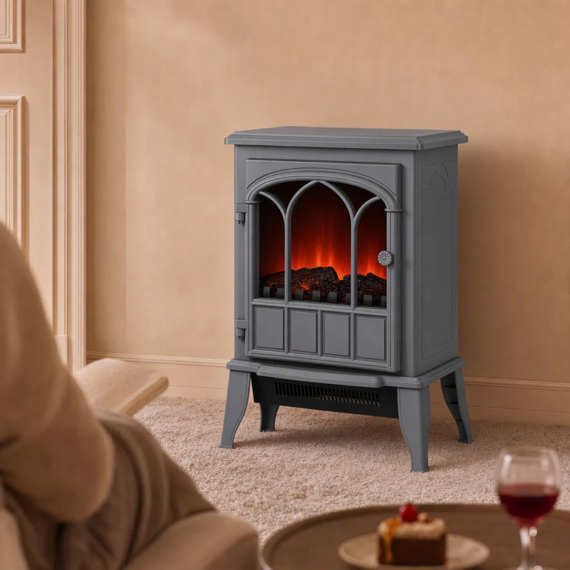 HOMCOM Freestanding Electric Fireplace, Electric Log Burner with LED Flame Effect, Overheating Safety System, 1000W/2000W Grey